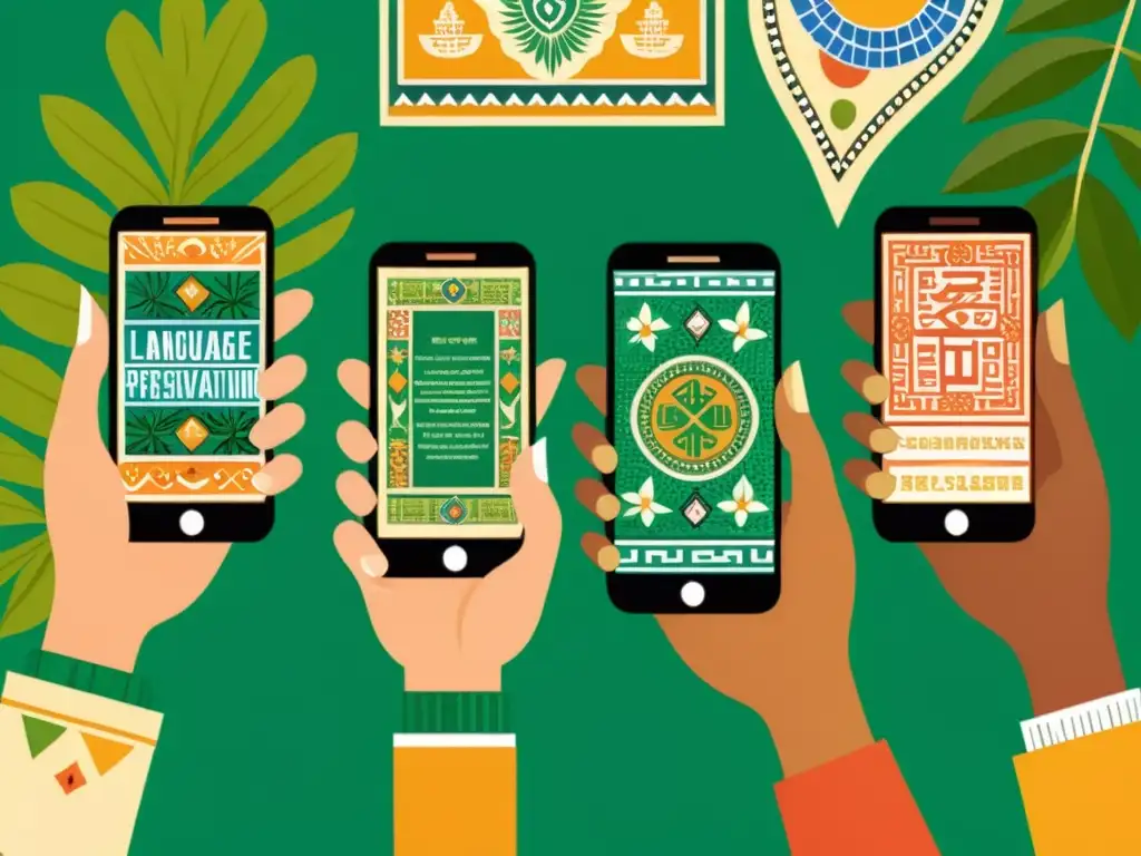 Diversas manos sostienen smartphones con apps de preservación de lenguas en peligro, en una ilustración vintage rica en cultura y diversidad