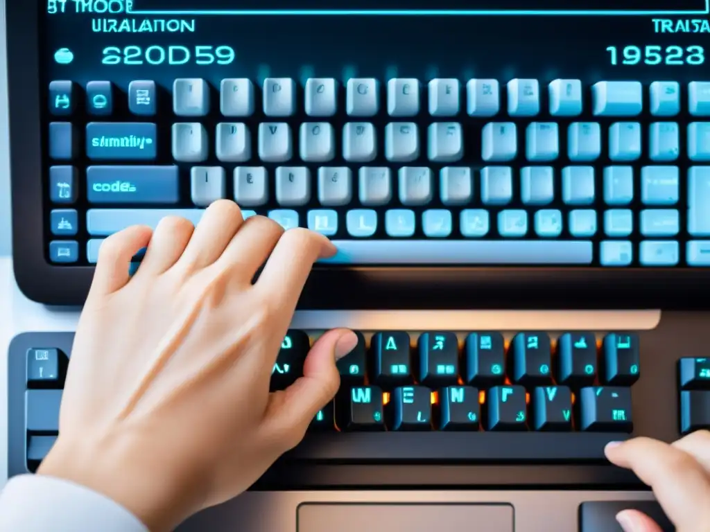 Hands-on AI: Traducción precisa de dialectos minoritarios Manos de traductor teclean código y caracteres, simbolizando la complejidad de la traducción AI de dialectos minoritarios
