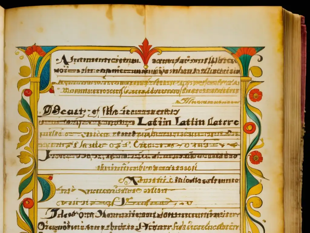 Manuscrito antiguo en latín con caligrafía desgastada y detalladas ilustraciones, evocando la influencia del latín clásico en lenguas romances