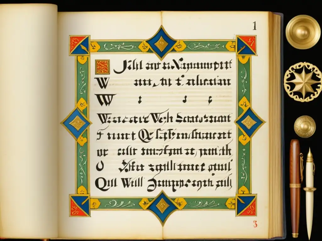 Un manuscrito en galés con mutaciones consonánticas, rodeado de objetos históricos, evocando tradición y erudición