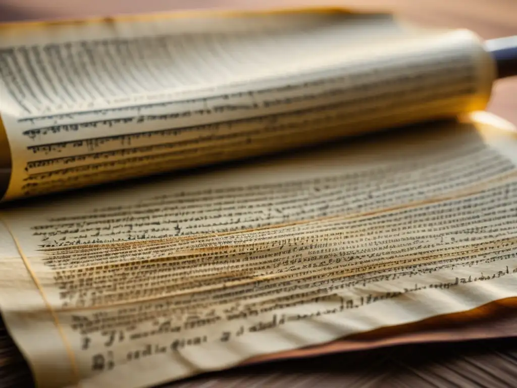 Manuscrito antiguo en sánscrito y pali: historia y tradición Manuscrito de hojas de palma antiguo con intrincado script sánscrito y pali, mostrando su edad y desgaste