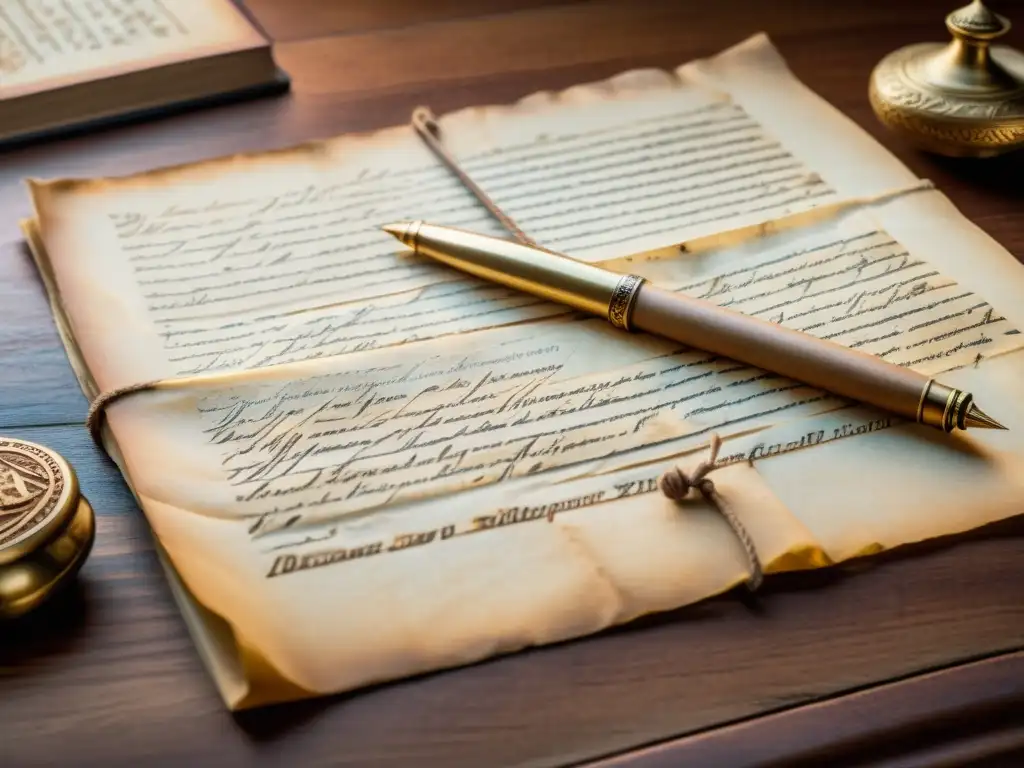 Manuscrito latino antiguo con caligrafía intrincada y dibujos desvanecidos, sobre un escritorio de madera con pluma