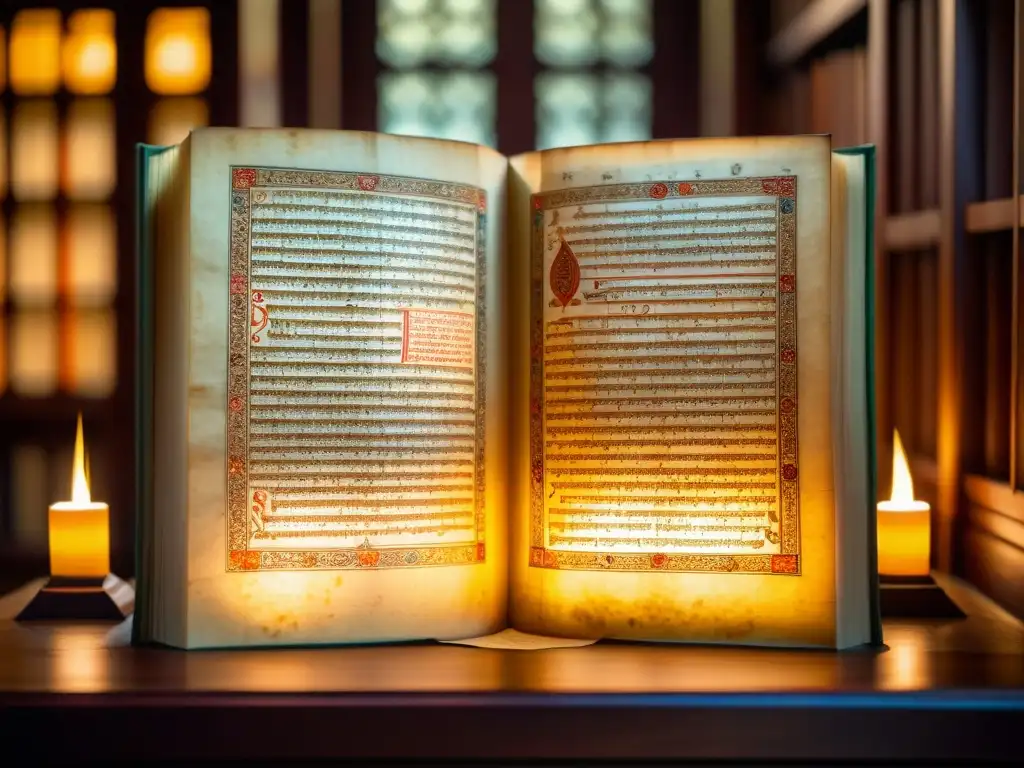 Manuscrito sánscrito antiguo en biblioteca iluminada, evocando influencia del sánscrito en lenguas