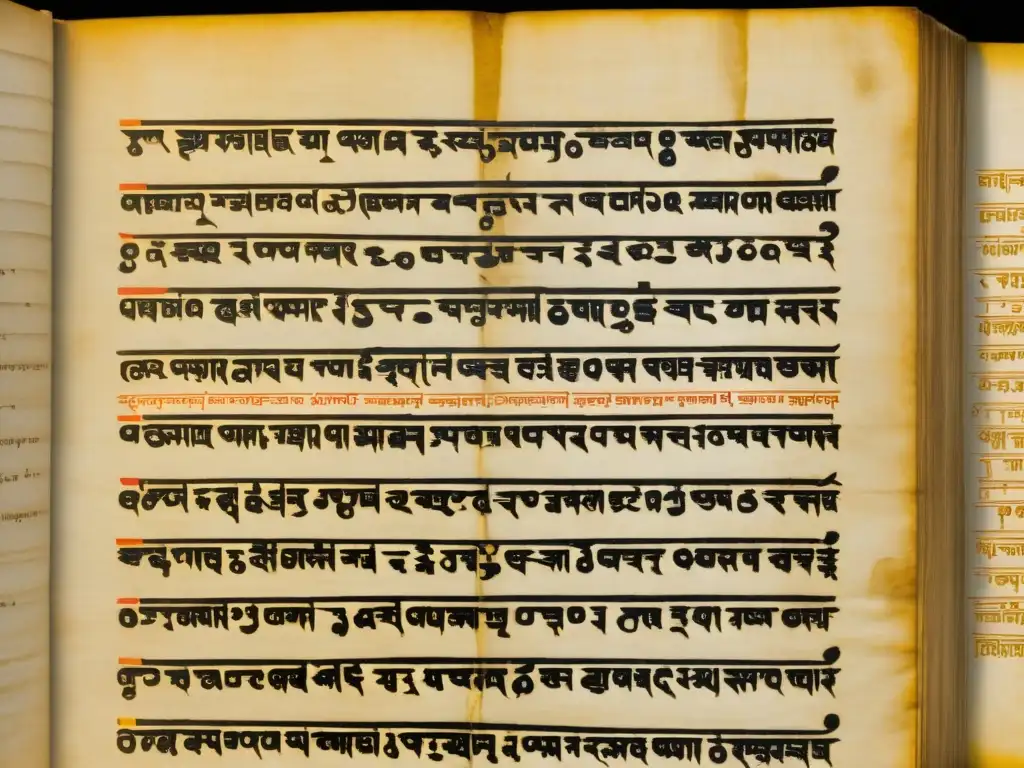 Manuscrito sánscrito antiguo resaltando reduplicación en lenguas IndoArias, evocando historia y profundidad académica