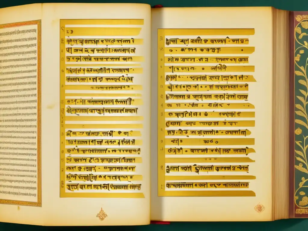 Manuscrito sánscrito vintage resalta la reduplicación en lenguas IndoArias en oro, evocando su belleza histórica y lingüística