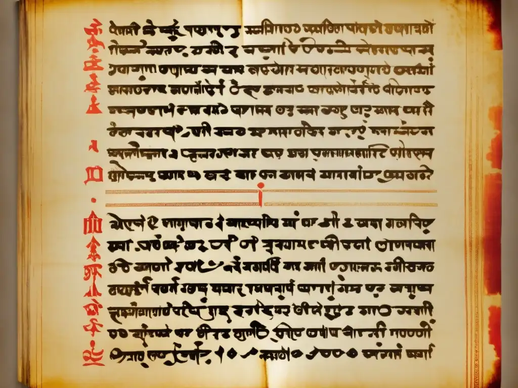 Manuscrito sánscrito vintage con reduplicación en lenguas IndoArias, evocando nostalgia y erudición