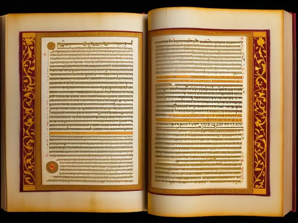 Manuscritos sánscritos antiguos del Imperio Gupta, con caligrafía detallada y colores vibrantes, en un entorno académico iluminado tenue