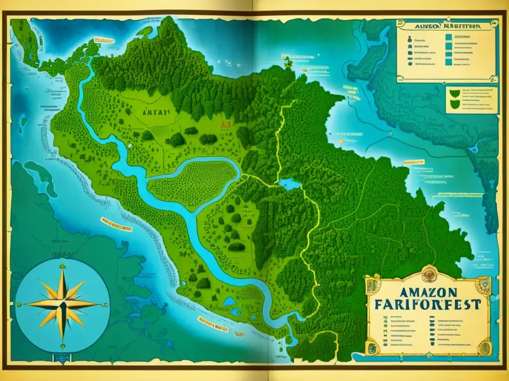 Mapa antiguo del Amazonas con detalles del sistema fluvial, territorios indígenas y exuberante vegetación