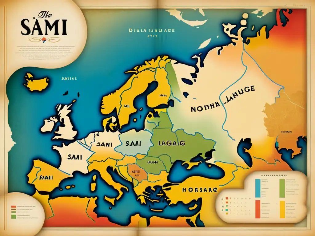 Un mapa antiguo de las áreas de lenguas Sami en Europa del norte, con detalles y colores cálidos que evocan historia y tradición