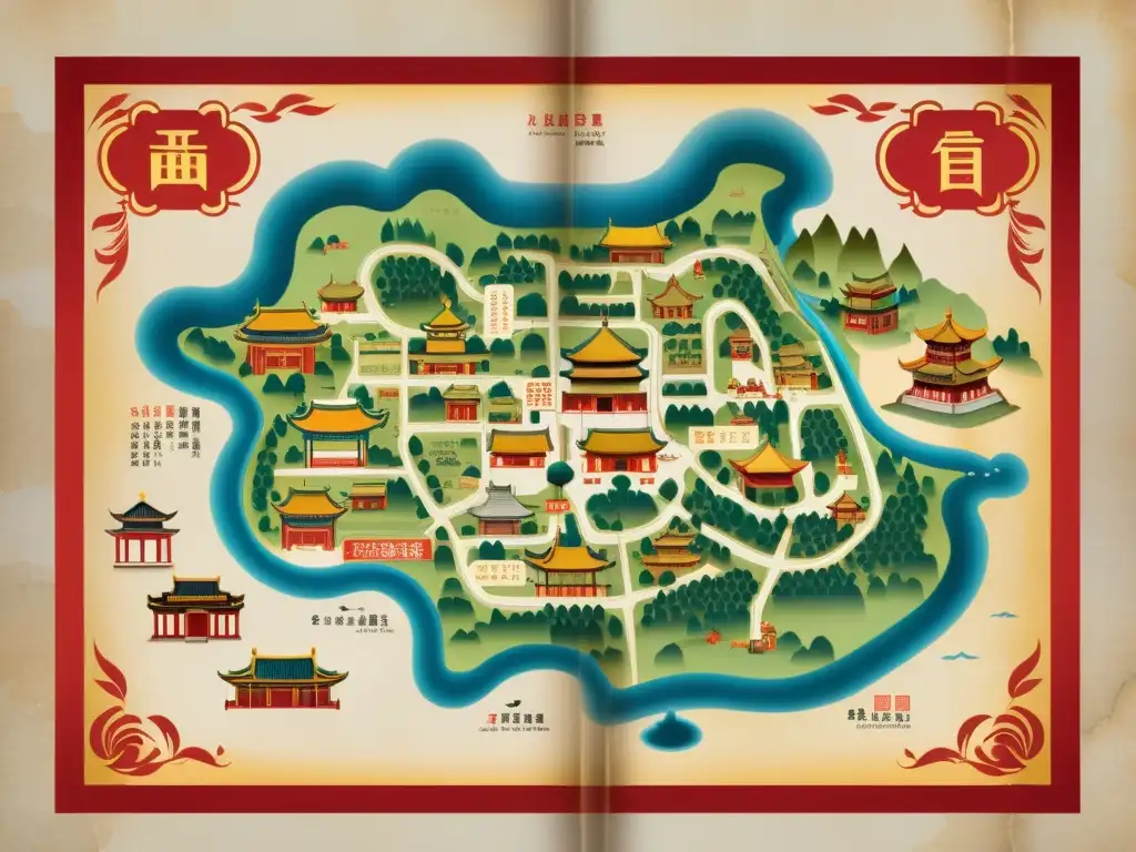 Mapa antiguo de Beijing con ilustraciones detalladas de arquitectura tradicional china, mercados bulliciosos y jardines serenos