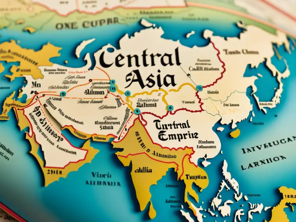 Mapa antiguo de Asia Central con lenguas túrquicas, evolución y detalles ornamentados del Imperio Otomano