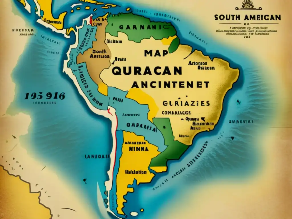 Mapa antiguo del continente sudamericano con enfoque en regiones de habla Guaraní