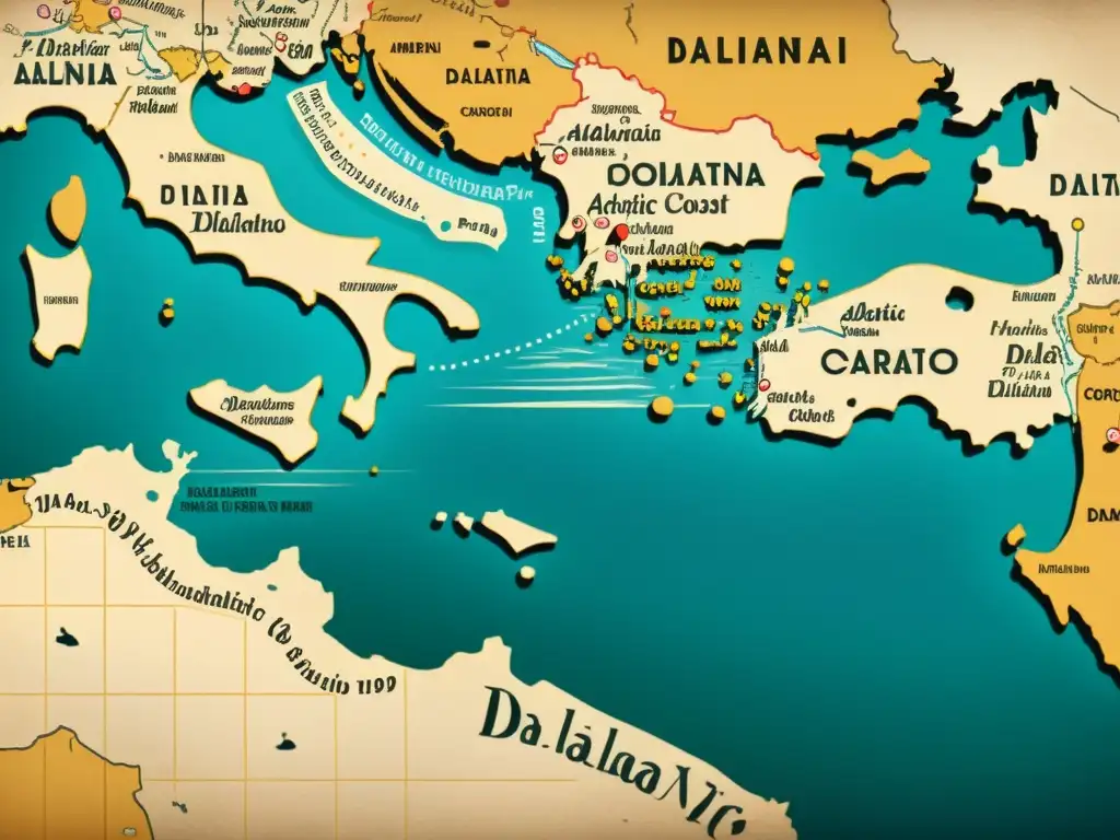 Mapa antiguo de la costa adriática con dialectos dálmatas ilustrados, evocando la desaparición lingüística en la región