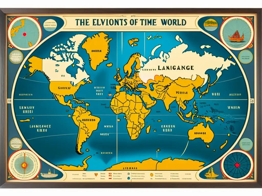 Un mapa antiguo y desgastado del mundo muestra la evolución de los idiomas y acentos a lo largo del tiempo