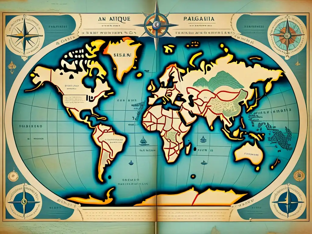 Un mapa antiguo detallado con colores desgastados y líneas de navegación, sobre un fondo pergamino