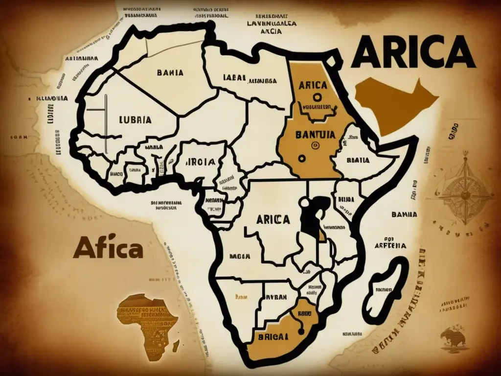 Mapa antiguo detallado de África con escritura de lenguas bantúes, transcripciones y símbolos culturales, evocando historia y exploración académica