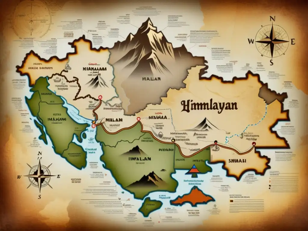 Mapa antiguo detallado del Himalaya con escrituras y símbolos en sepia