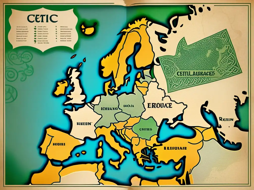 Mapa antiguo detallado mostrando la influencia celta en lenguas romances en Europa, con caligrafía intrincada y textura de pergamino desgastado