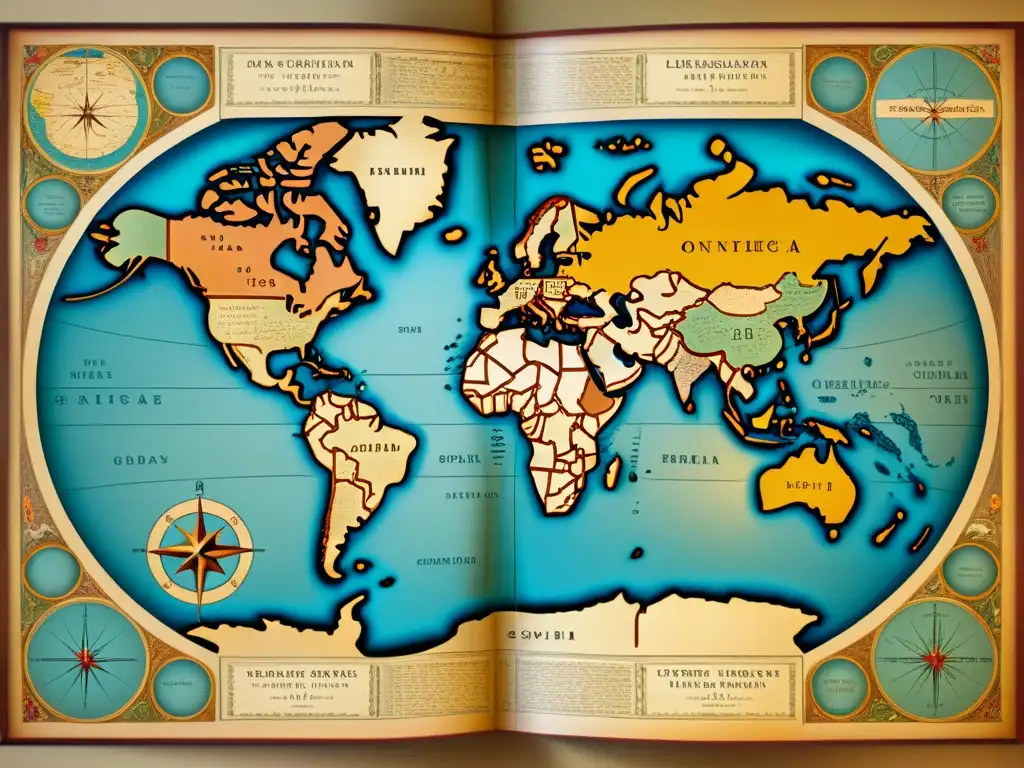 Mapa antiguo detallado con influencia del inglés en la globalización, rodeado de libros y artefactos culturales