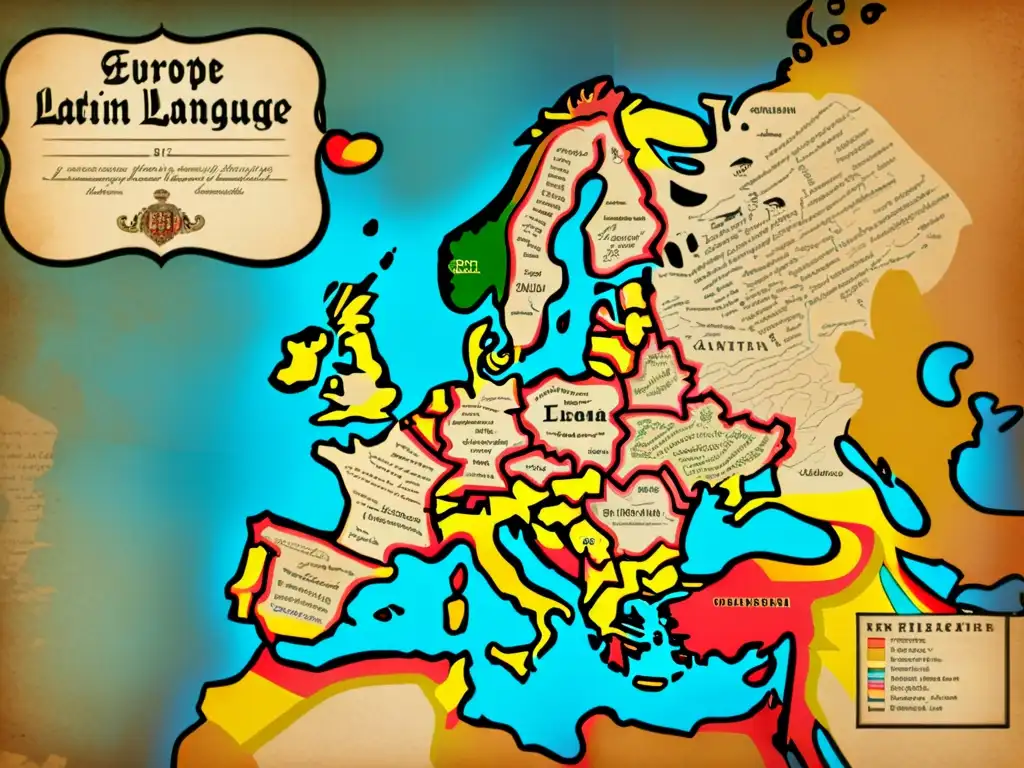 Mapa antiguo detallado de Europa con la evolución del latín a lenguas romances