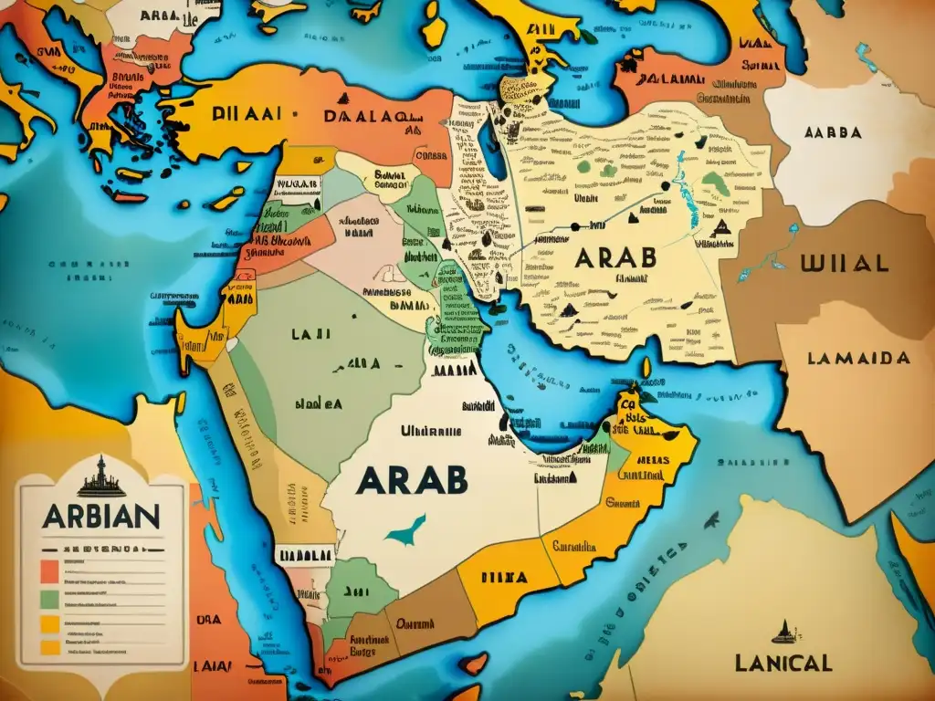 Mapa antiguo detallado del mundo Árabe, destacando diferencias dialectales regionales con caligrafía única y símbolos culturales