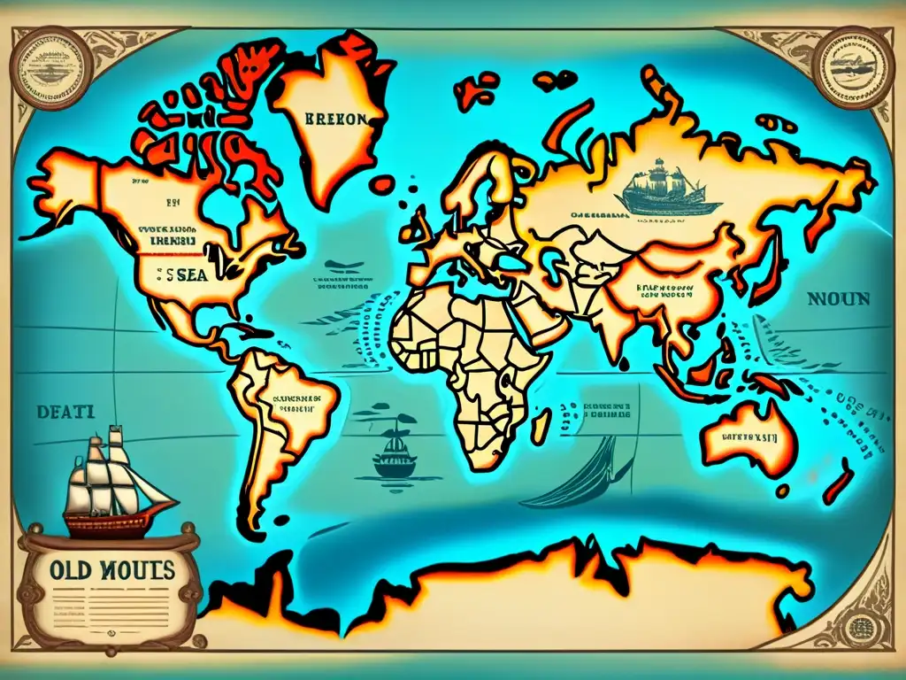 Mapa antiguo detallado con rutas comerciales, nombres de ciudades y barcos