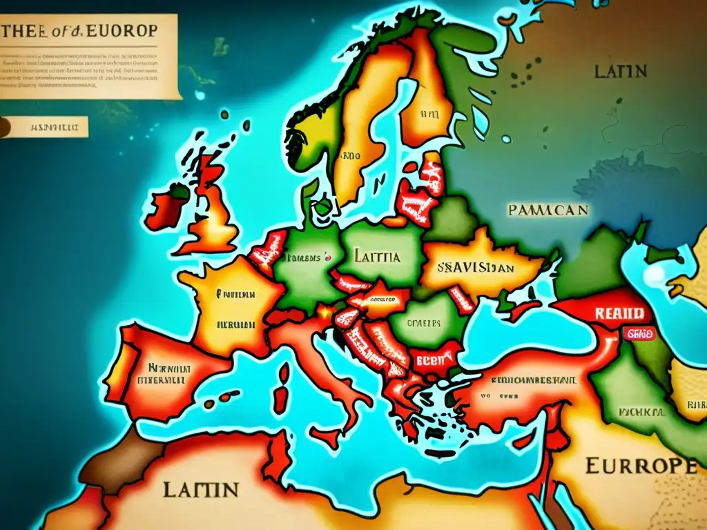 Un mapa antiguo detallado en 8k muestra la expansión del latín en distintos territorios europeos, con colores vintage y caligrafía delicada