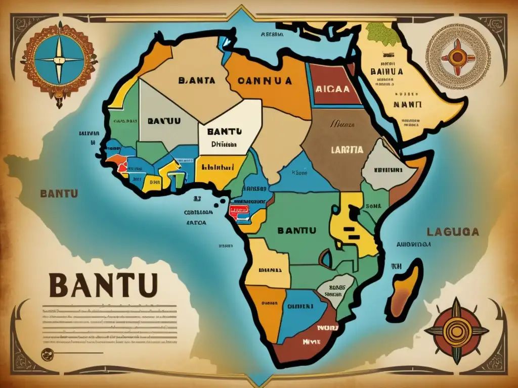 Mapa antiguo detallando la distribución de lenguas bantúes en África, con símbolos culturales y artefactos