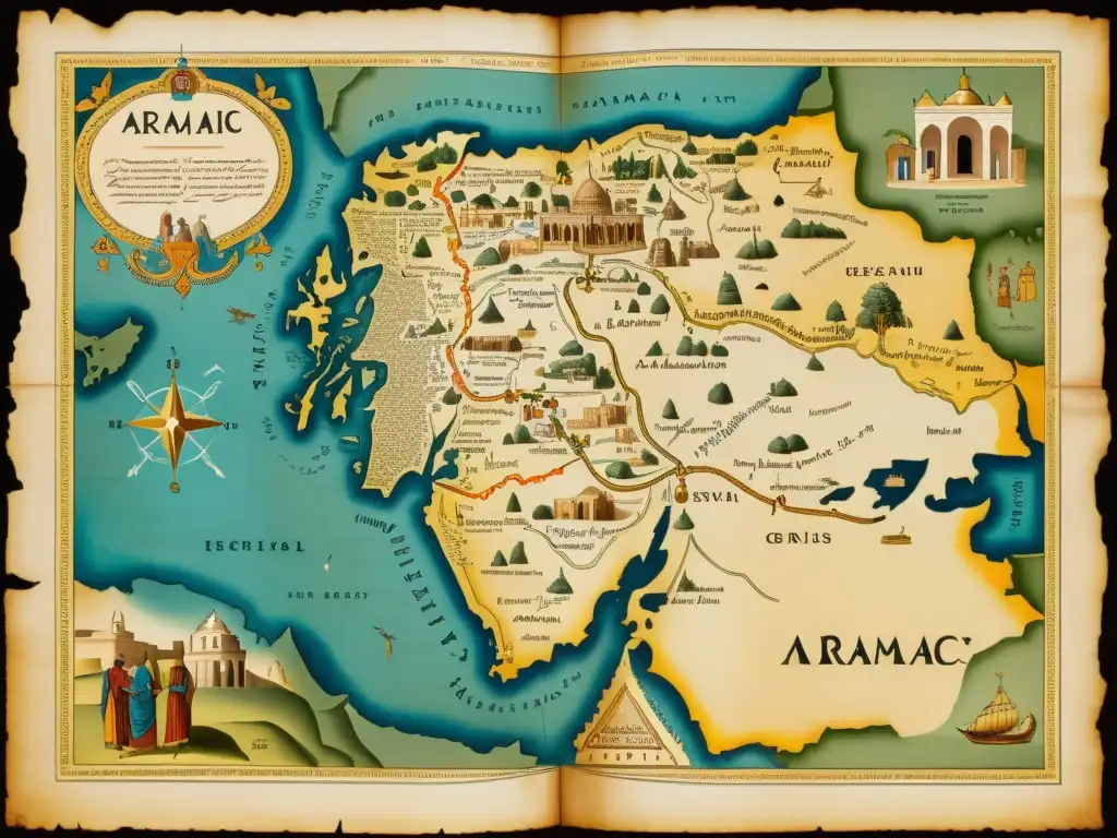 Mapa antiguo de la herencia semítica arameo-cristiana, con detalles intrincados y sitios culturales y religiosos, evocando exploración y significado histórico