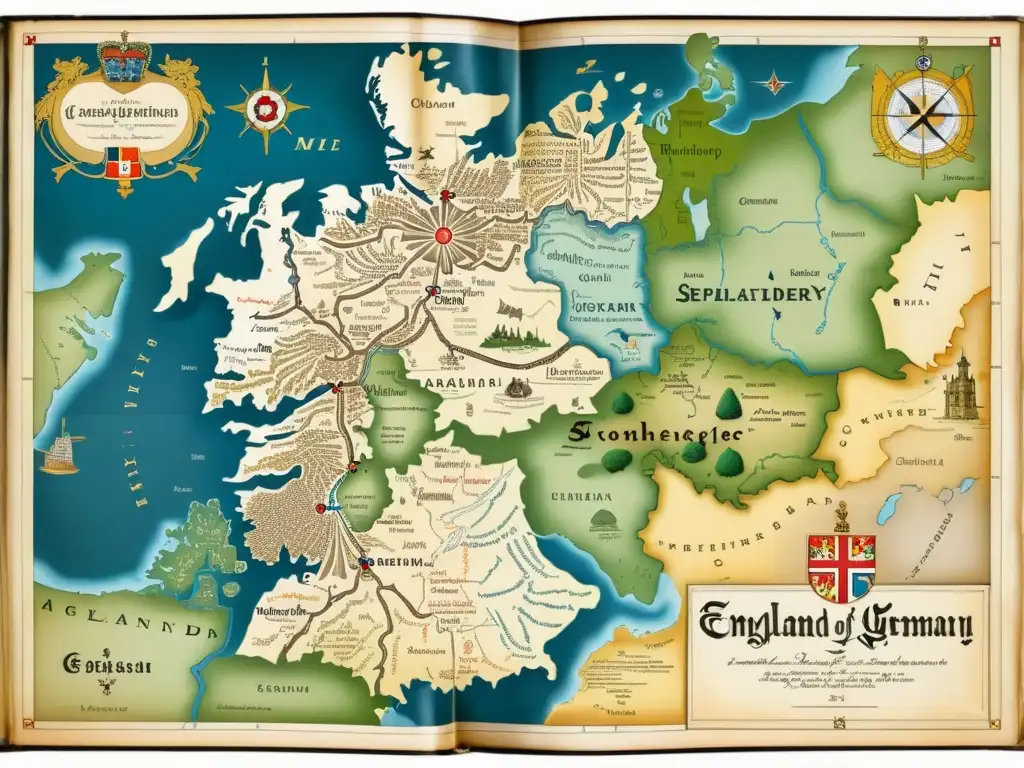 Mapa antiguo sepia de Inglaterra y Alemania con ilustraciones detalladas de Stonehenge, la Torre de Londres, el Castillo de Neuschwanstein y la Puerta de Brandeburgo