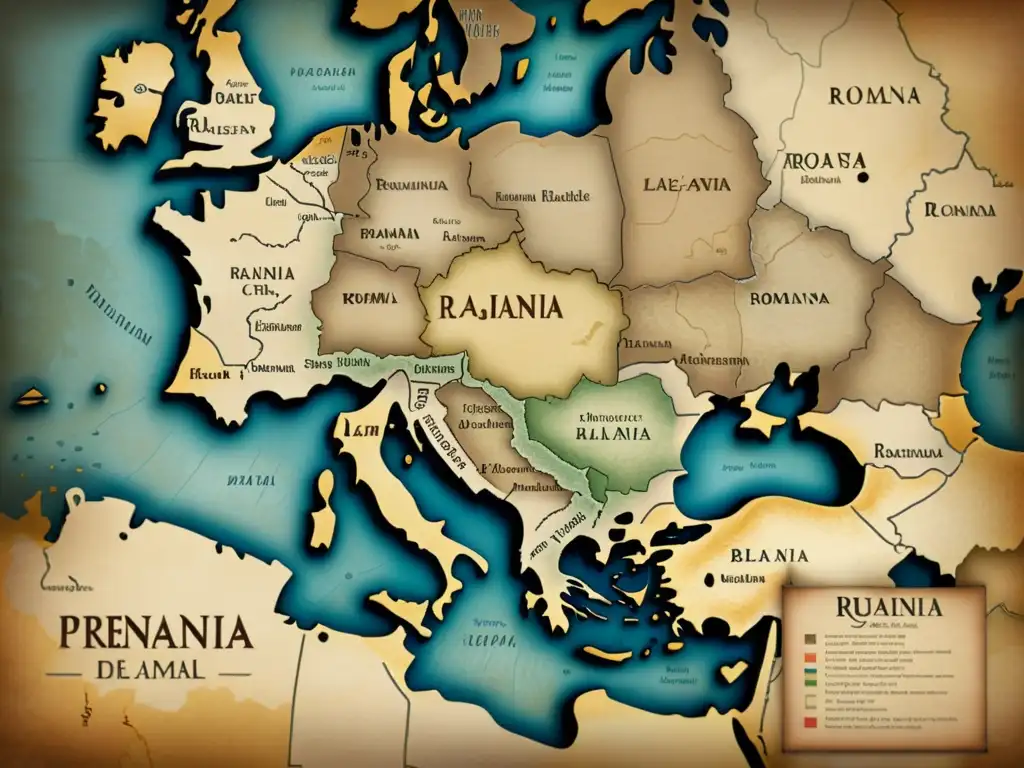 Mapa antiguo del Imperio Romano con tonos sepia, detallado y con inscripción 'Presencia del Rumano en la Cultura Balcánica