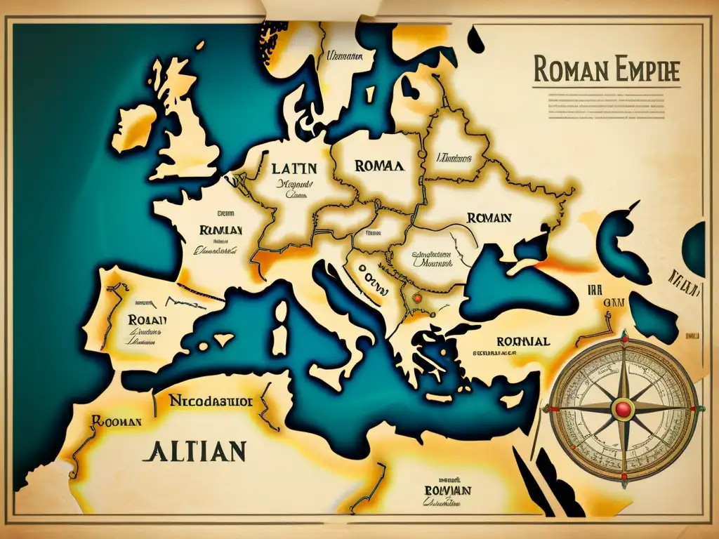 Mapa antiguo del Imperio Romano con detalles a mano, tonos de pergamino y caligrafía elegante, evocando la influencia del latín en lenguas romances