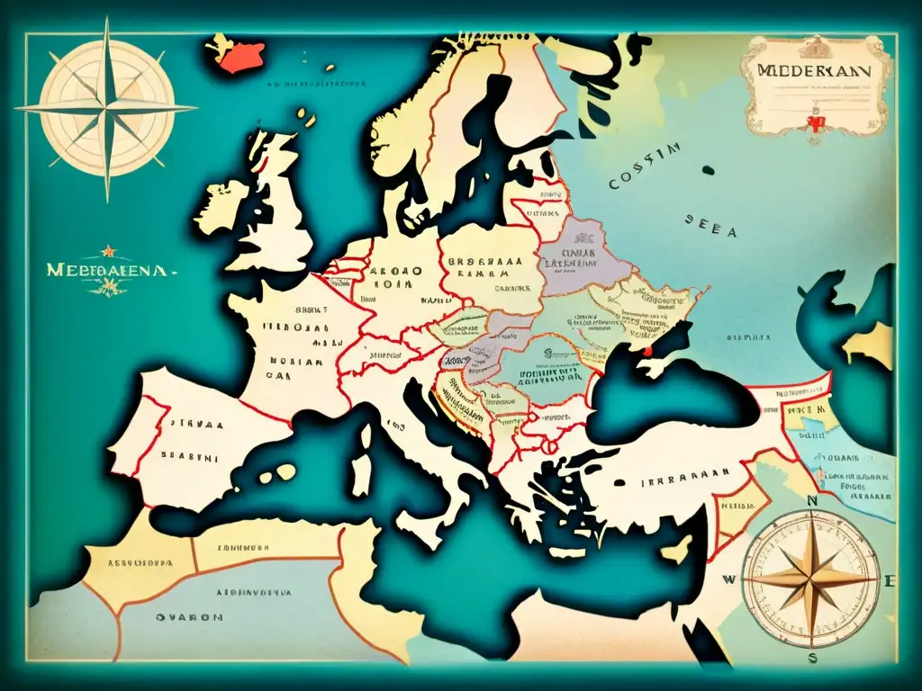 Un mapa antiguo del Mediterráneo con colores pastel desvaídos y detalles intrincados de pueblos costeros, islas y rutas marítimas