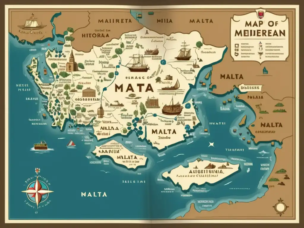 Mapa antiguo del Mediterráneo, resaltando el origen y características del idioma maltés con detalles históricos y estéticos sepia