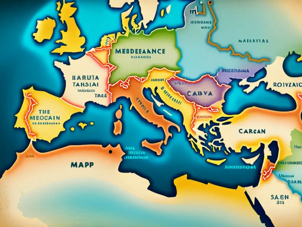 Mapa antiguo del Mediterráneo, resaltando rutas comerciales y migratorias para la difusión de lenguas romances