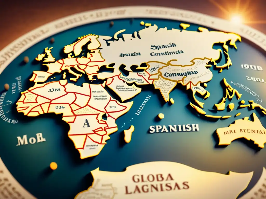 Mapa antiguo del mundo con caligrafía detallada mostrando la expansión del español en los continentes y elementos de interfaz digital, simbolizando la influencia global del español en la era digital