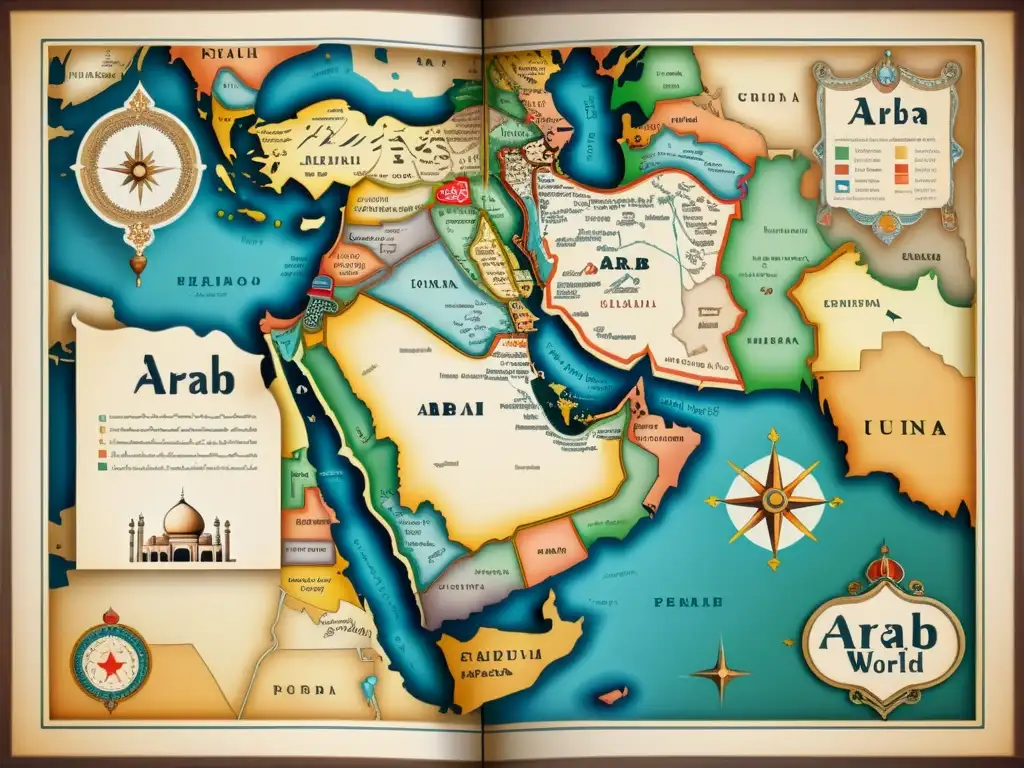 Un mapa antiguo del mundo árabe, detallado y adornado con caligrafía intrincada y colores desgastados