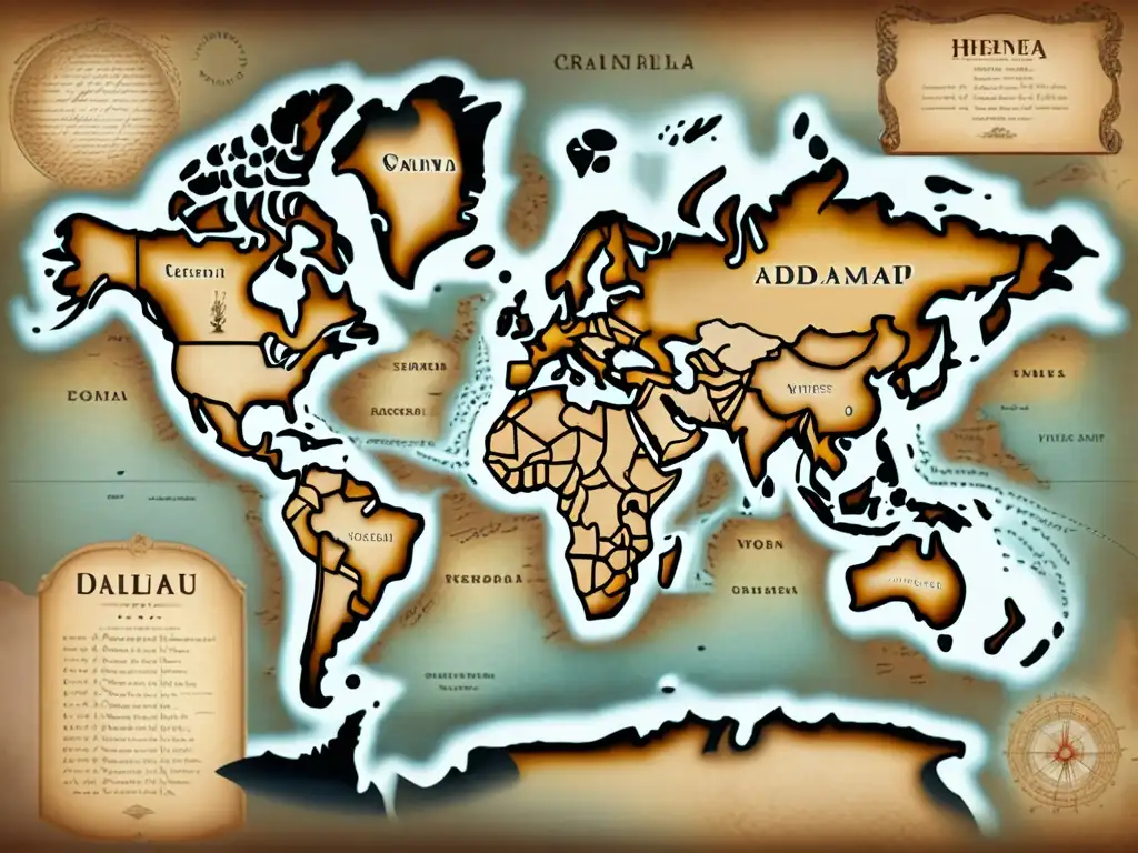 Mapa antiguo del mundo con detalles intrincados, mostrando regiones y dialectos en tonos sepia desgastados y caligrafía delicada