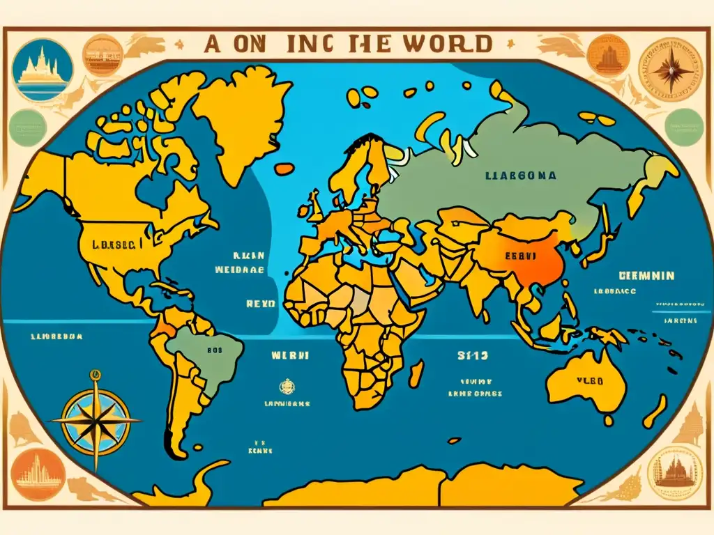 Mapa antiguo del mundo con detalles intrincados y colores desvanecidos, reflejando la diversidad lingüística y cultural en peligro de extinción