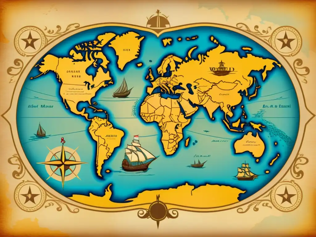 Mapa antiguo del mundo con ilustraciones detalladas y caligrafía, evocando exploración y aventura