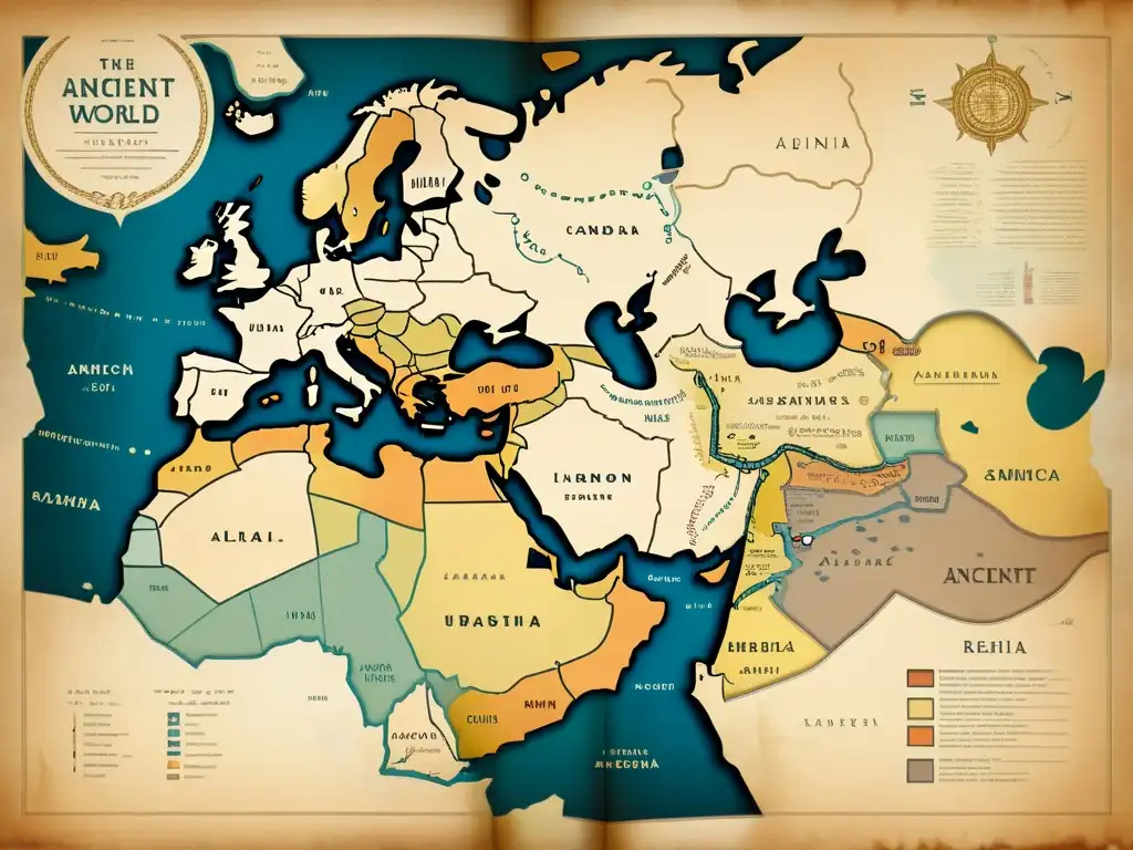 Un mapa antiguo del mundo semítico, con ilustraciones detalladas de ciudades históricas, rutas comerciales y lenguas habladas en la región