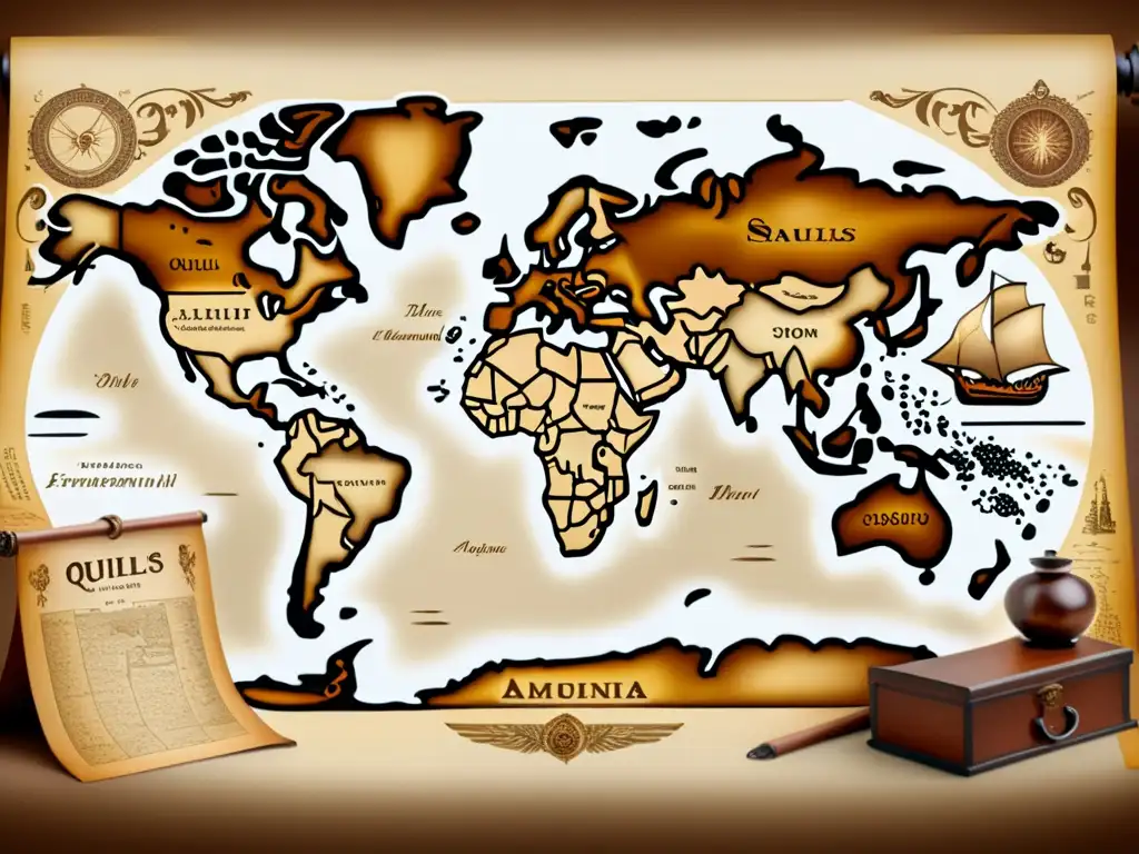 Mapa antiguo del mundo con tonos sepia, detallando idiomas y regiones con caligrafía