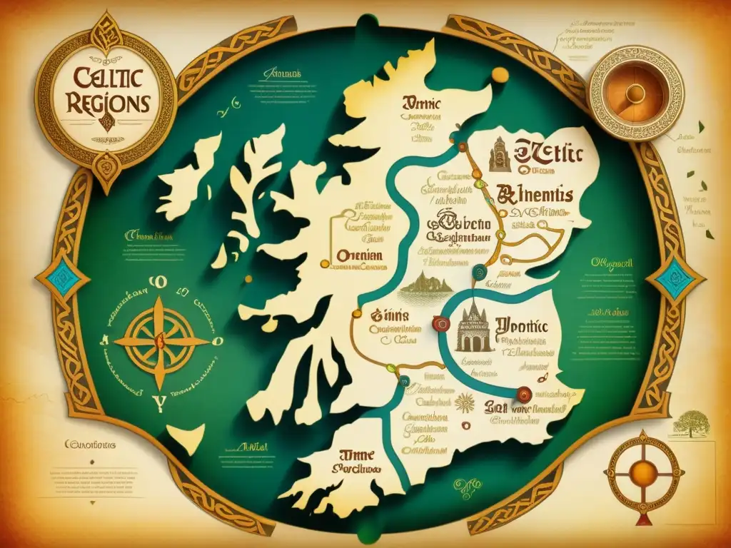 Mapa antiguo de las regiones celtas con evolución fonética, ilustraciones detalladas y caligrafía