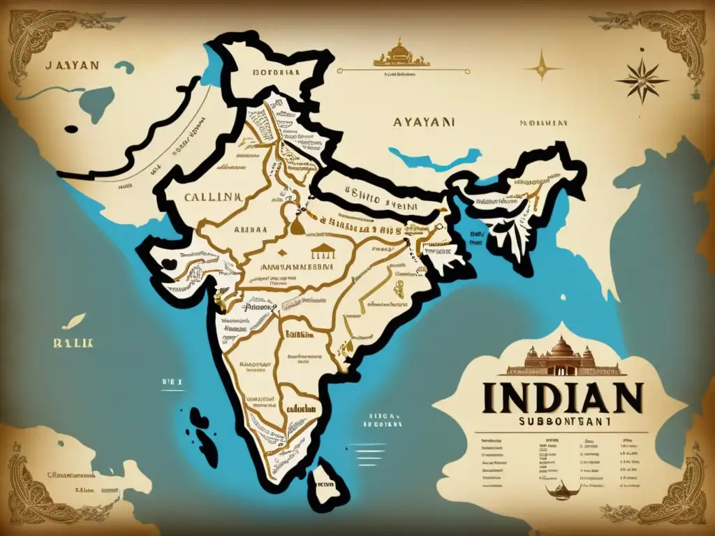 Mapa antiguo del subcontinente indio con detalles de lenguas indoarias y rutas comerciales