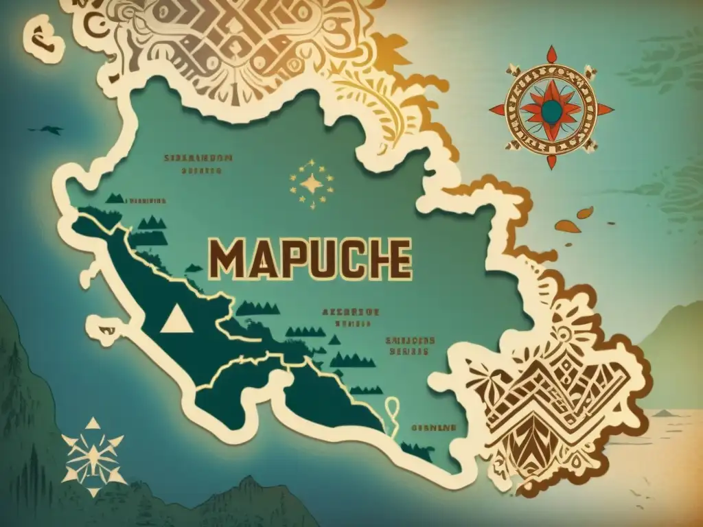 Mapa antiguo del territorio Mapuche con símbolos tradicionales, evocando la rica herencia cultural