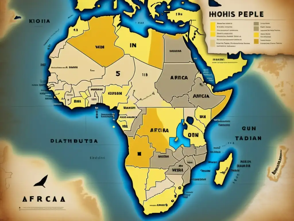 Mapa histórico de África con lenguas khoisanas destacadas Mapa antiguo de África muestra territorios de habla Khoisan, con lenguas y dialectos