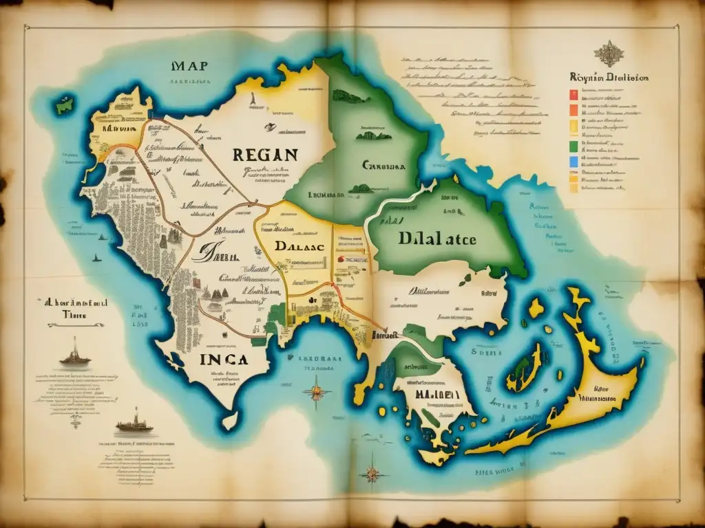 Mapa antiguo en tono sepia de una región con dialectos marcados en caligrafía, mostrando la imposición histórica de dialectos y anotaciones auténticas