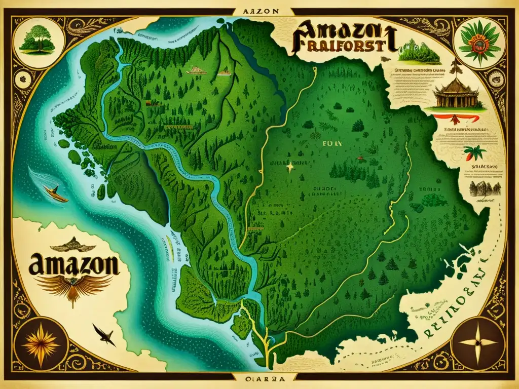 Mapa detallado de la selva amazónica: tribus, flora y fauna Mapa detallado del Amazonas con tribus indígenas, flora y fauna