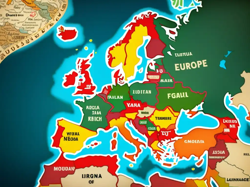 Mapa detallado de Europa con árbol genealógico de lenguas romances en colores y caligrafía, adornado con ilustraciones culturales