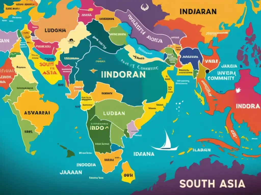 Un mapa detallado y colorido de Asia del Sur, resaltando las lenguas IndoArias y su identidad nacional